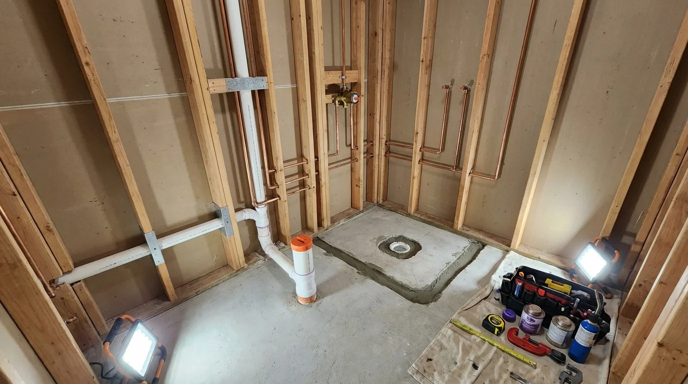 Bathroom rough-in plumbing during remodel by Johns Plumbing LLC in Ama