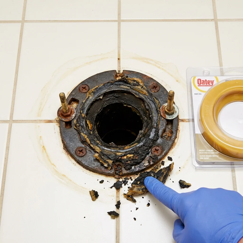 Failed wax ring showing water seepage at the base of a toilet in a Ama, LA home