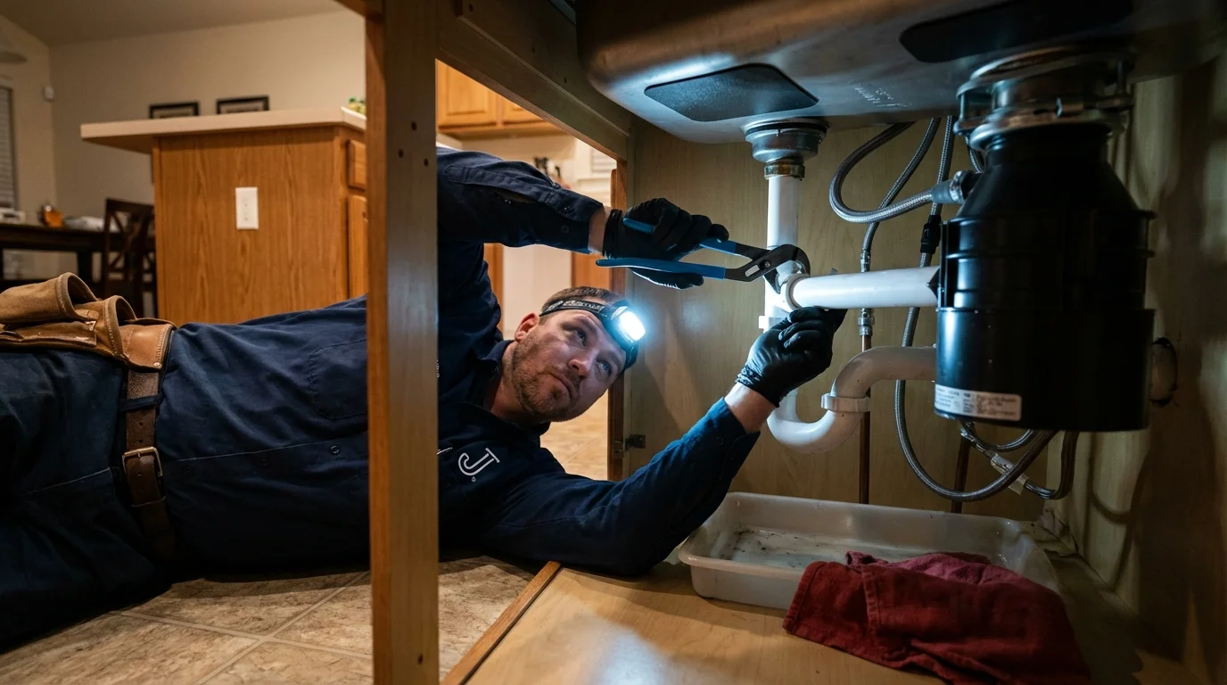 P-trap and supply line connections under a kitchen sink showing a common leak point in Ama, LA
